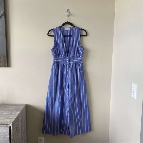 URBAN Outfitters-Striped Button Down Deep Plunge Midi Dress (Size:Small) - Picture 2 of 9